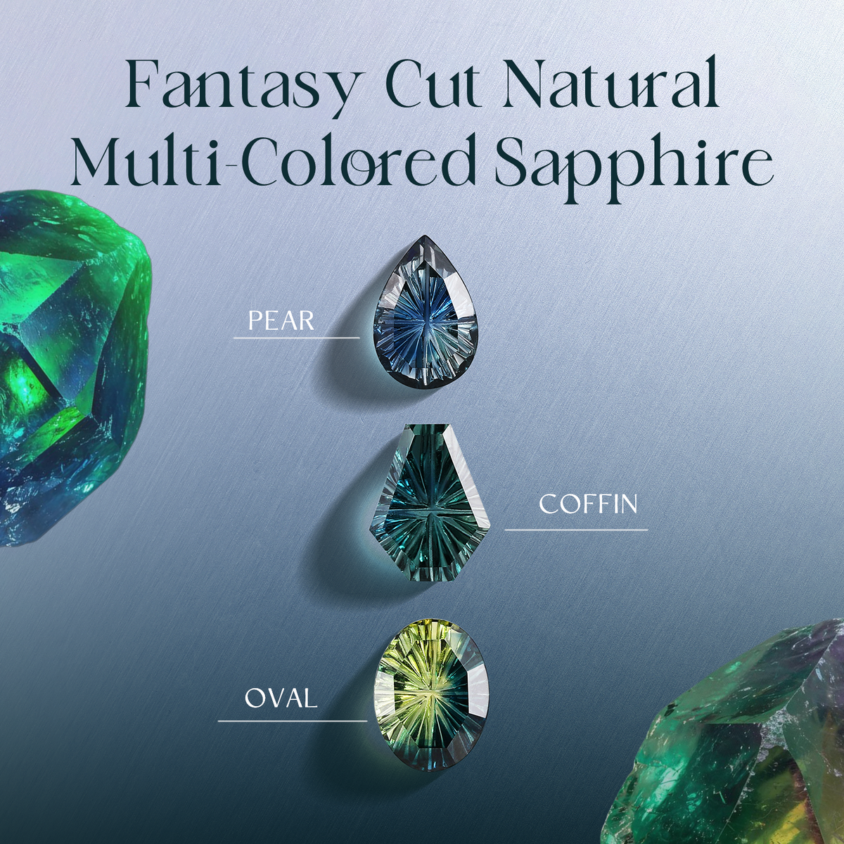 Crescent Moon | Fantasy Cut Coffin Shaped Natural Multi-Colored Sapphire 'Ultra Galaxy' Engagement Ring Set 2pcs