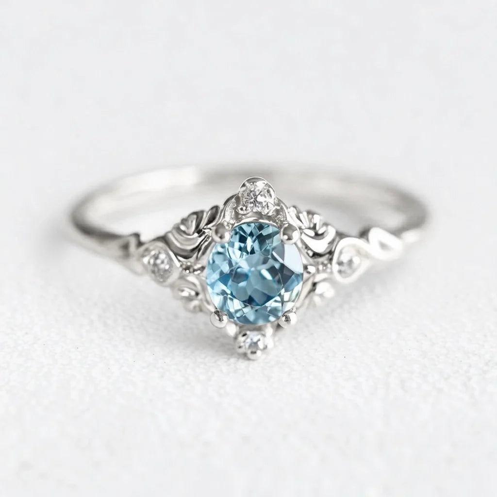 Marina’s Lace | Round Aquamarine Engagement Ring with Filigree Setting