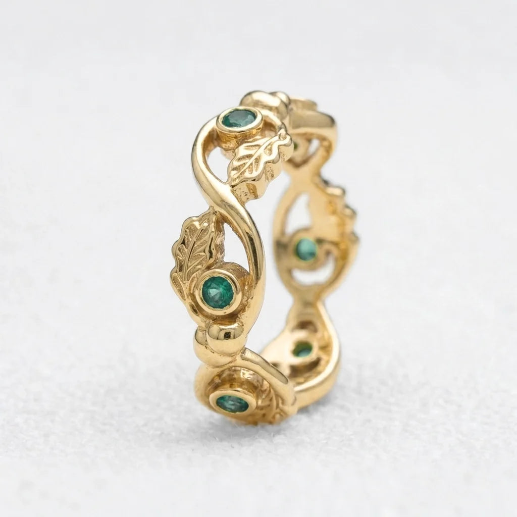The Lacy Oak | Openwork Oak Leaves & Natural Emerald Women's Wedding Band