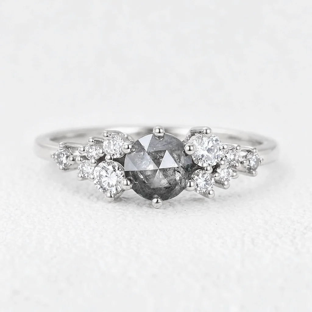 Isadora’s Solstice | Round Salt & Pepper Diamond Cluster Engagement Ring