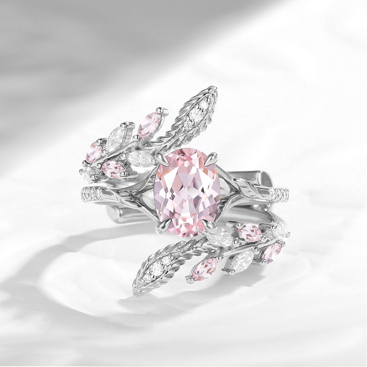 Nature Inspired Oval Lab Pink Sapphire Snake Twist Cage Ring Set 2pcs - Serpent's Embrace