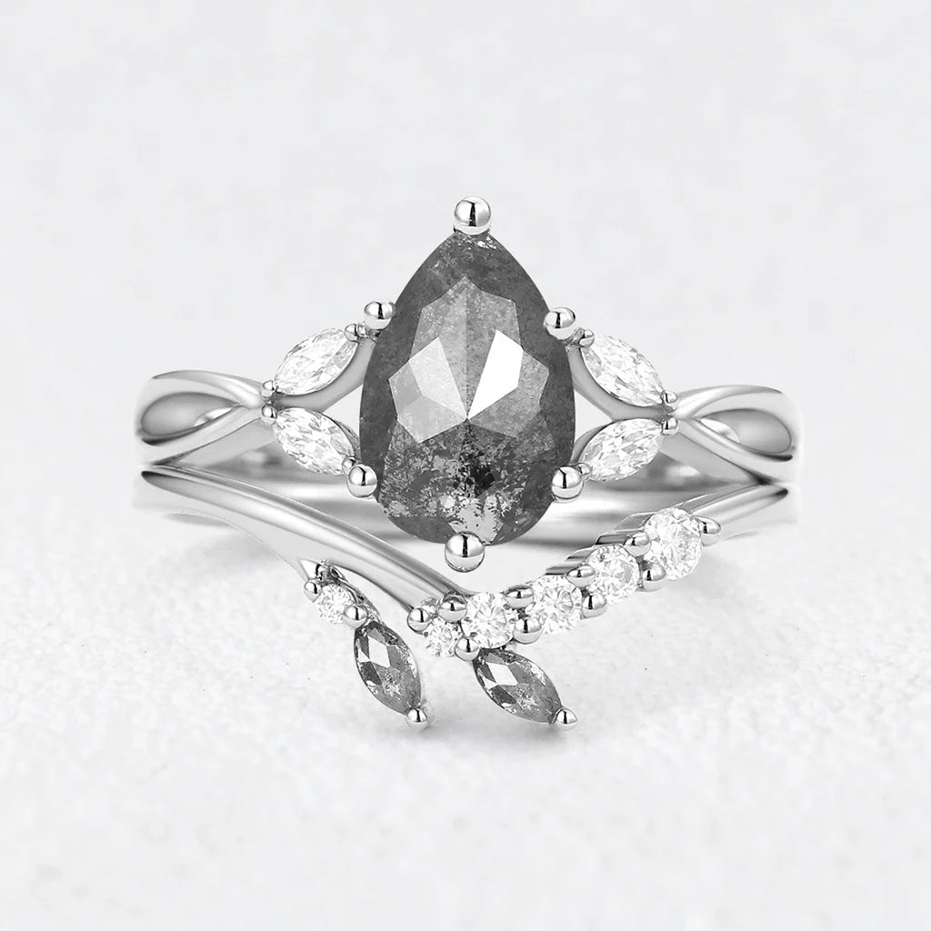 Isadora’s Twig | 1.2CT Pear Salt & Pepper Diamond Bridal Set 2pcs