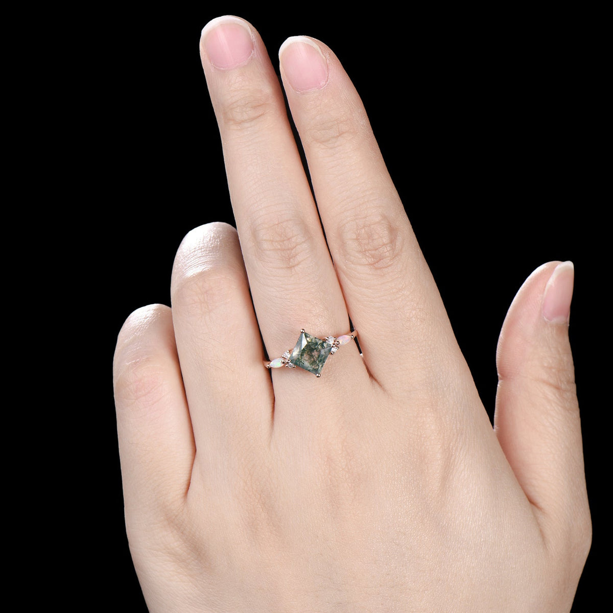 2CT Natural Princess Cut Moss Agate Engagement Ring: Moissanite & Marqusie Opal Accents