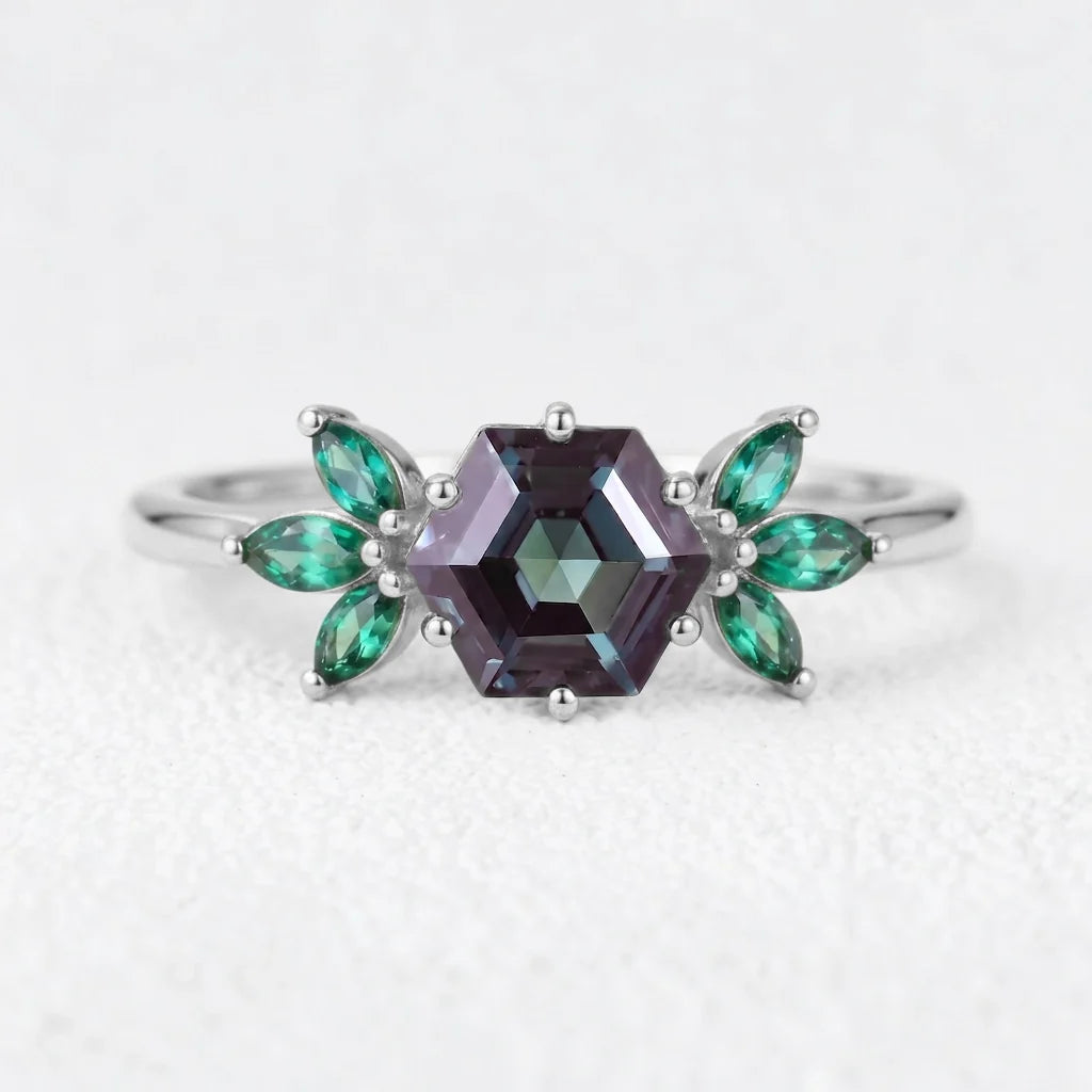 Isadora’s Prism | Hexagon Alexandrite Emerald Accents Engagement Ring