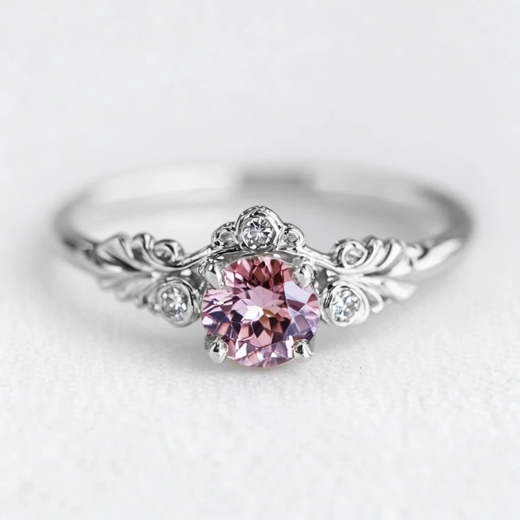 Aurelia’s Blossom | Round Rose Quartz Floral Halo Ring