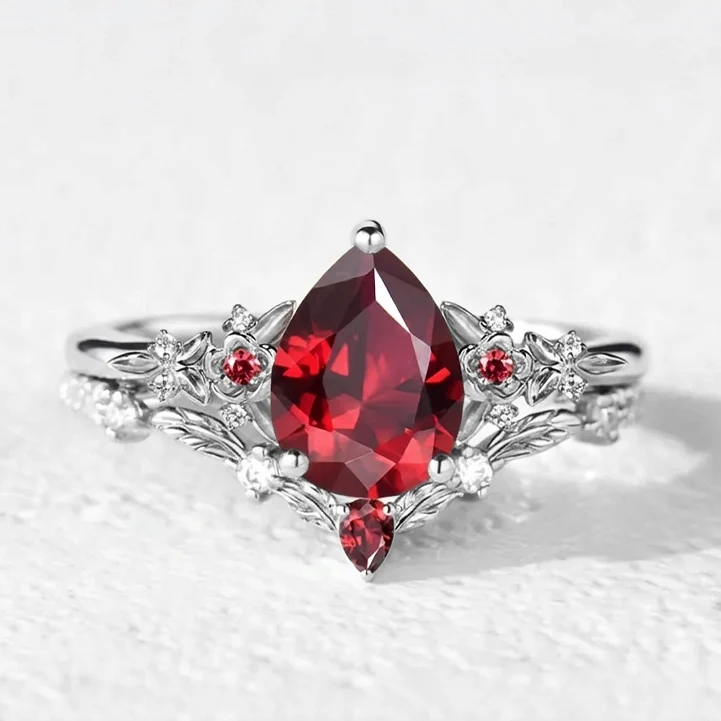Scarlett’s Twig | Vintage Pear Red Ruby & Diamond Floral Bridal Set 2pcs