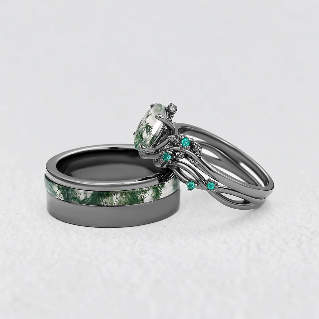 Sylvie’s Shadow | Black Gold & Oval Moss Agate Couple Ring Set 3pcs