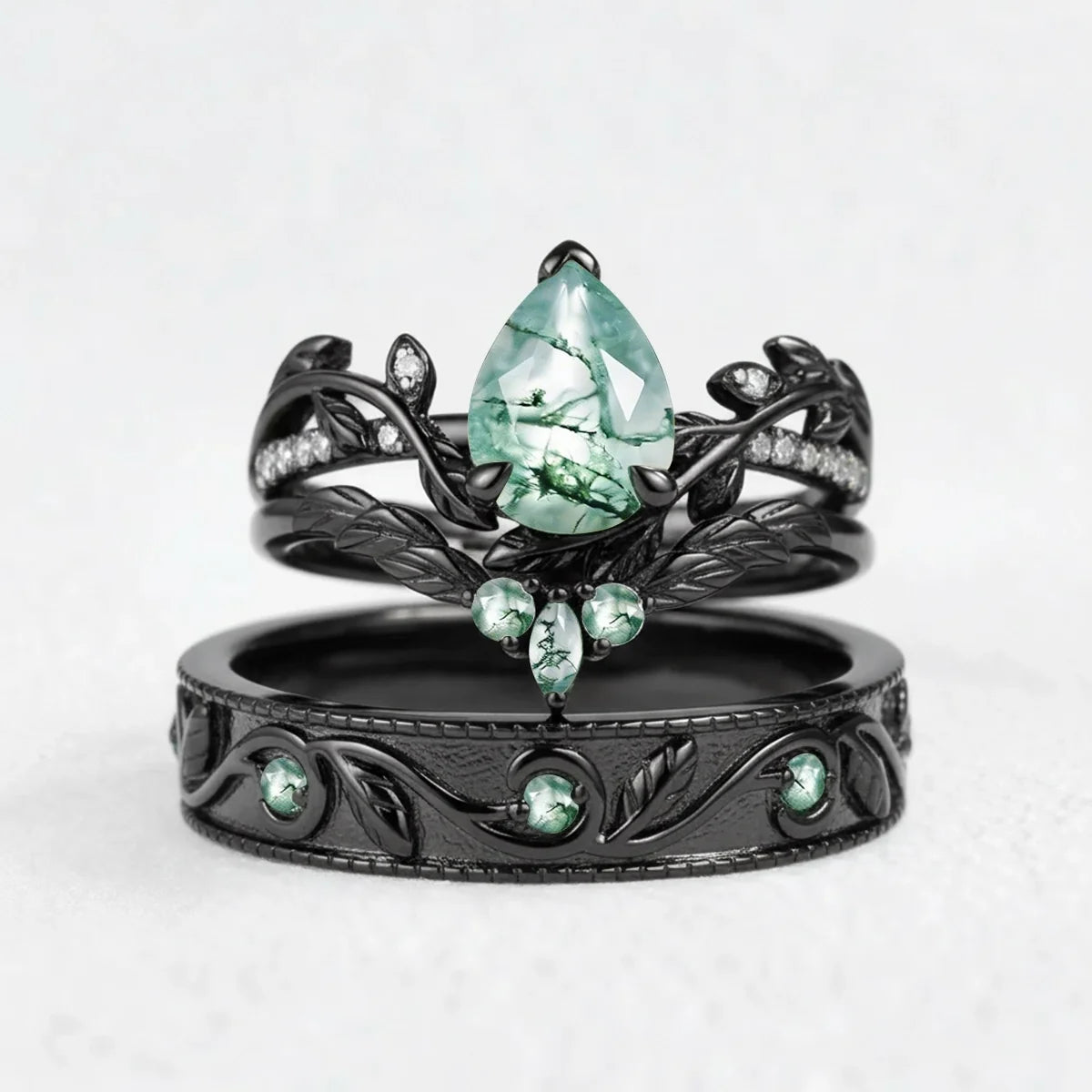Marguerite’s Garland | Pear Cut Moss Agate Couple’s Ring Set 3pcs
