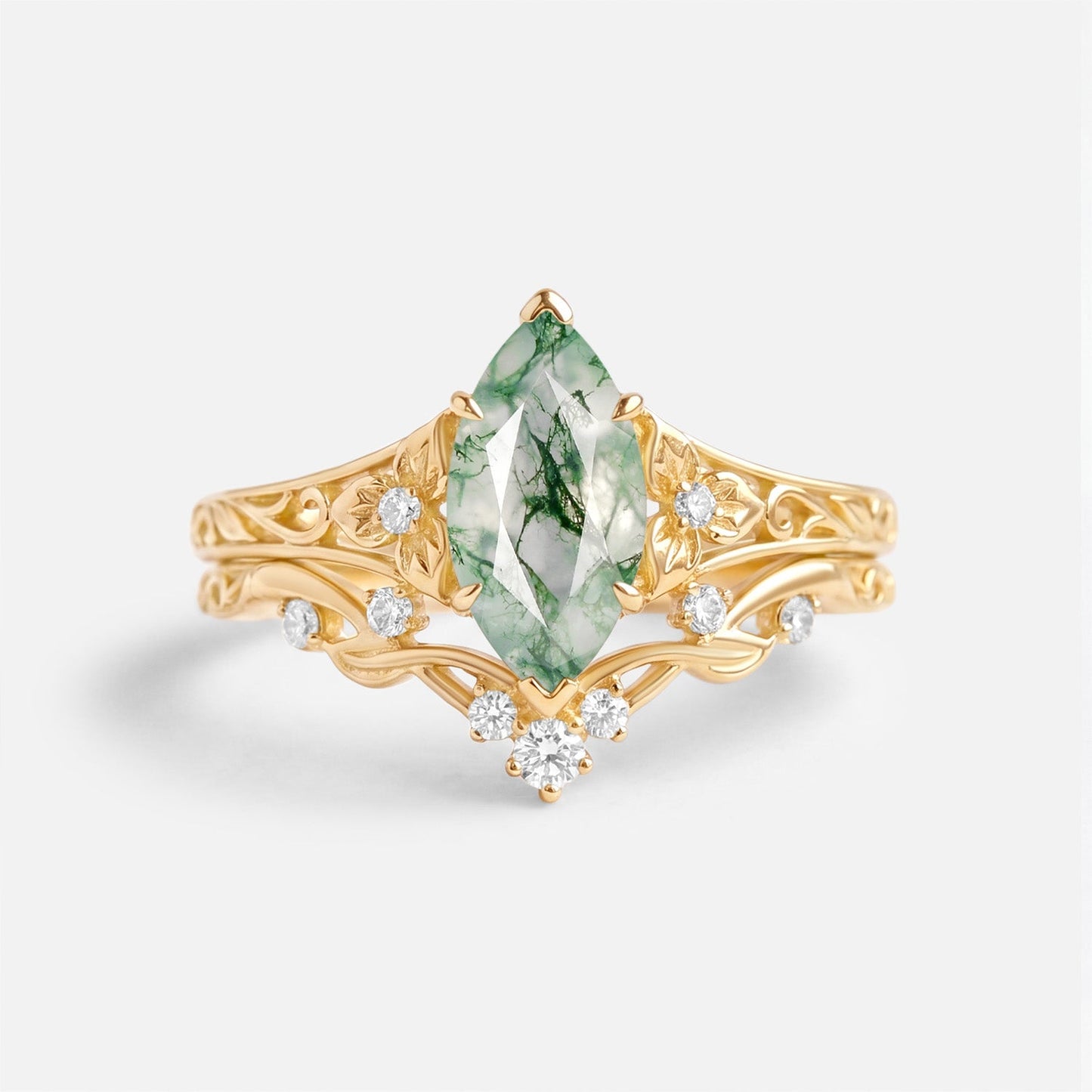 Marquise Moss Agate Flower Engagement Ring Sets 2pcs - Florian