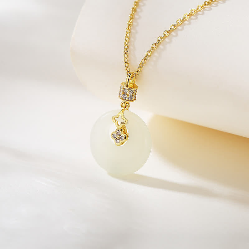 Fortune Jewel 925 Sterling Silver Hetian White Jade Coin Flower Peace Buckle Luck Necklace Pendant