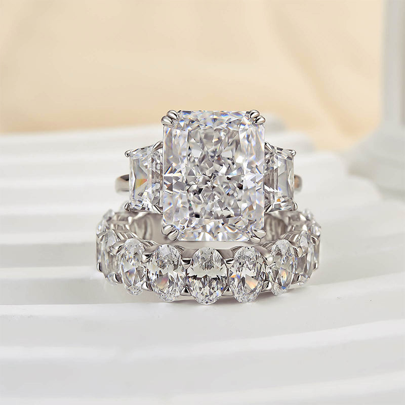 Sumptuous Radiant Cut 8.0ct Three Stone 925 Sterling Silver Wedding Ring Set
