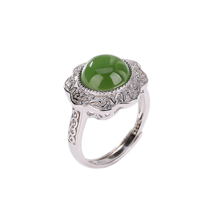 Fortune Jewel 925 Sterling Silver Hetian Cyan Jade Flower Design Luck Adjustable Ring