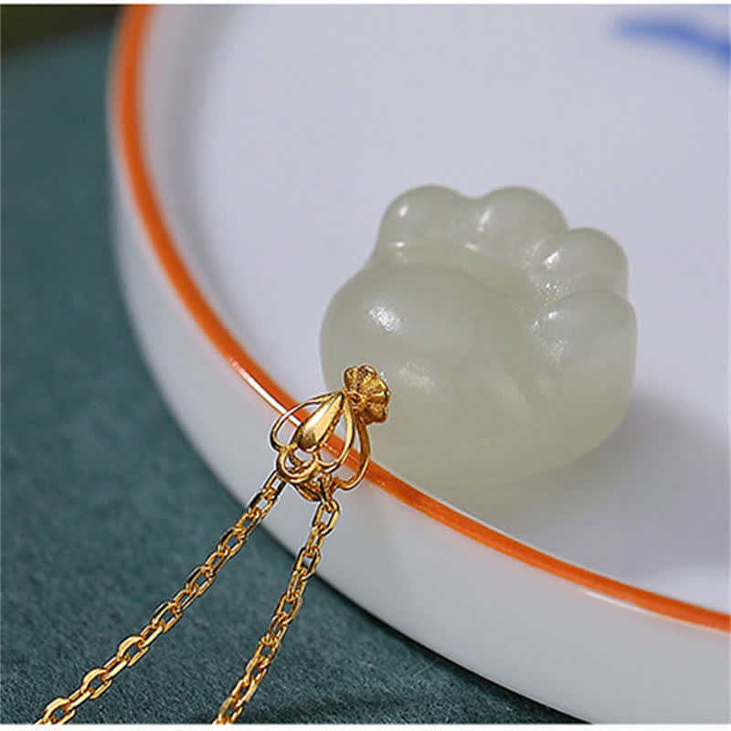 Fortune Jewel 925 Sterling Silver Hetian White Jade Cute Cat Paw Luck Necklace Pendant