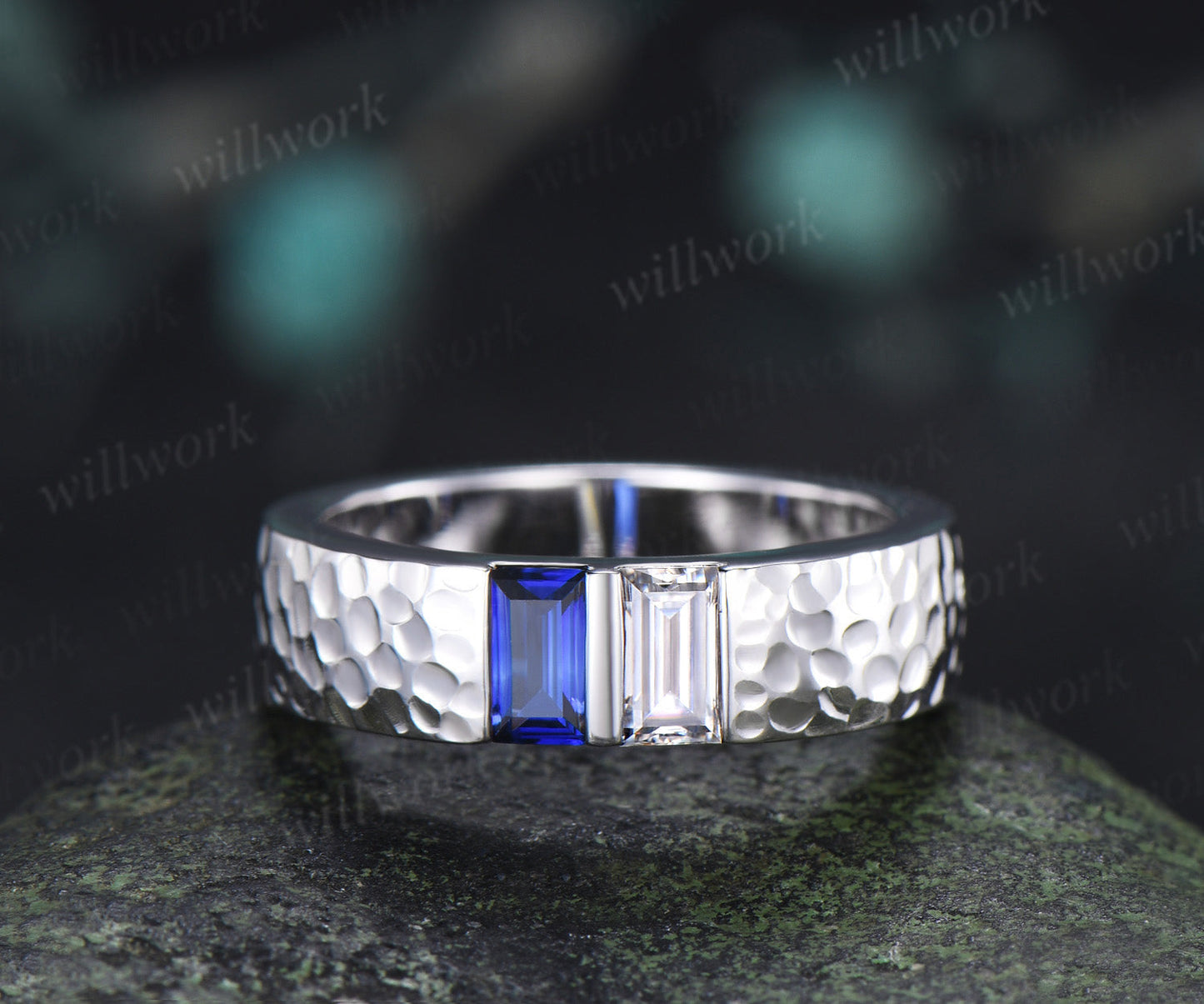 Baguette Sapphire Moissanite Men's Wedding Ring 5mm Hammered Unique Two Stone Engagement Ring for Men