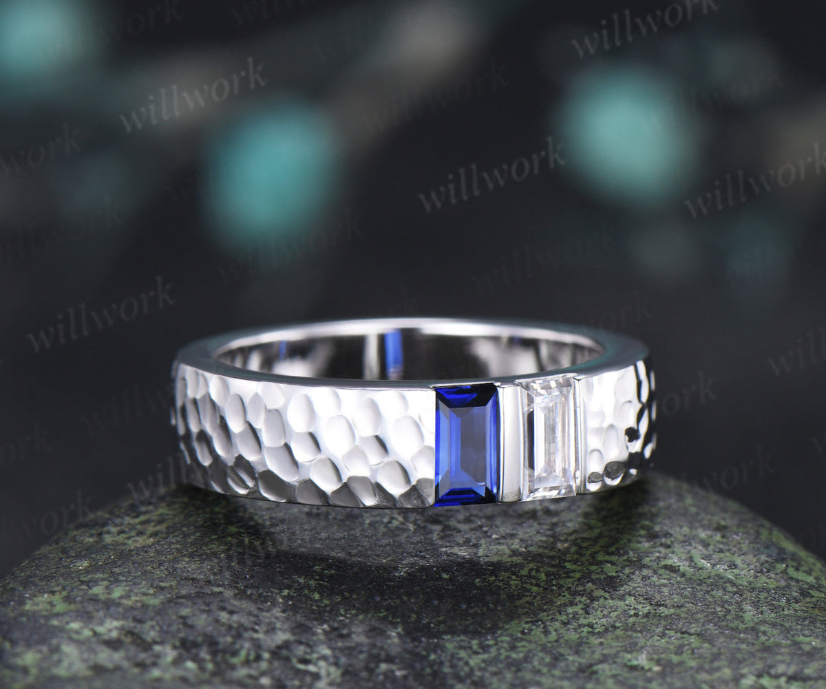 Baguette Sapphire Moissanite Men's Wedding Ring 5mm Hammered Unique Two Stone Engagement Ring for Men