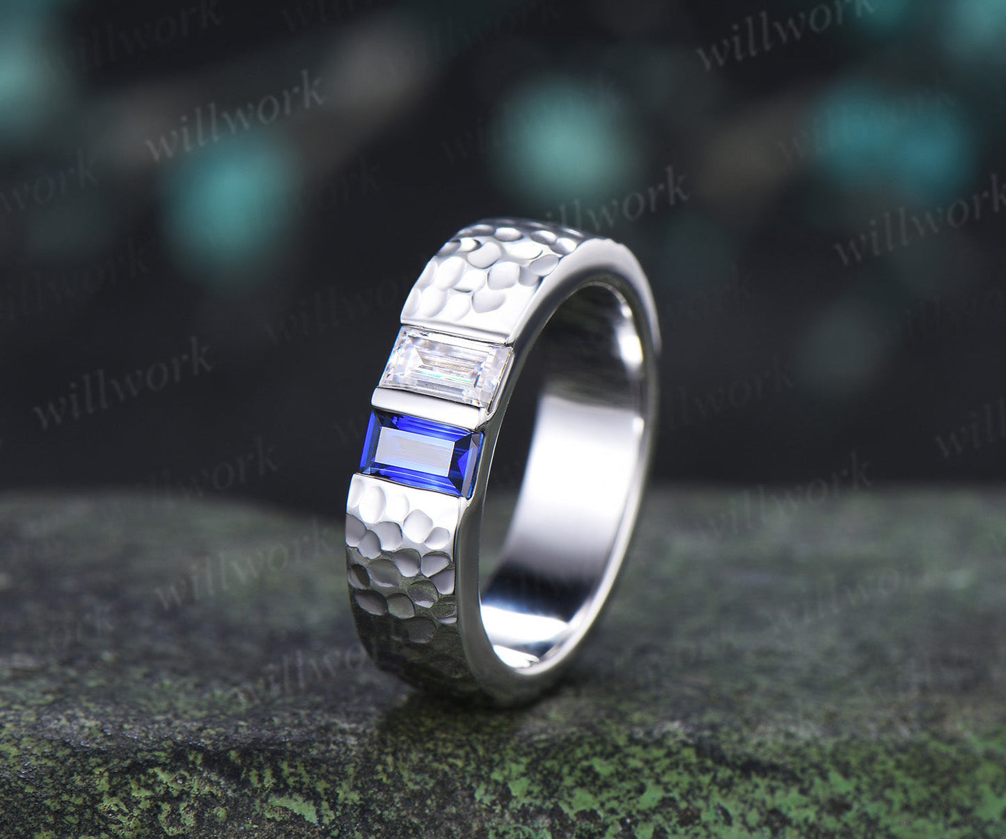 Baguette Sapphire Moissanite Men's Wedding Ring 5mm Hammered Unique Two Stone Engagement Ring for Men