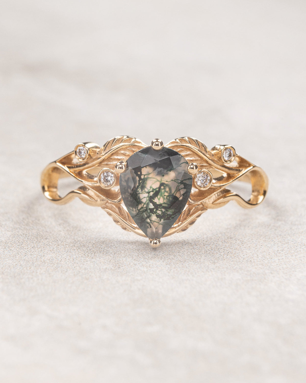 READY TO SHIP Callisto engagement ring in art nouveau style with moss agate, 14K yellow gold, AVAILABLE RING SIZES: 5.5 - 8.5 US