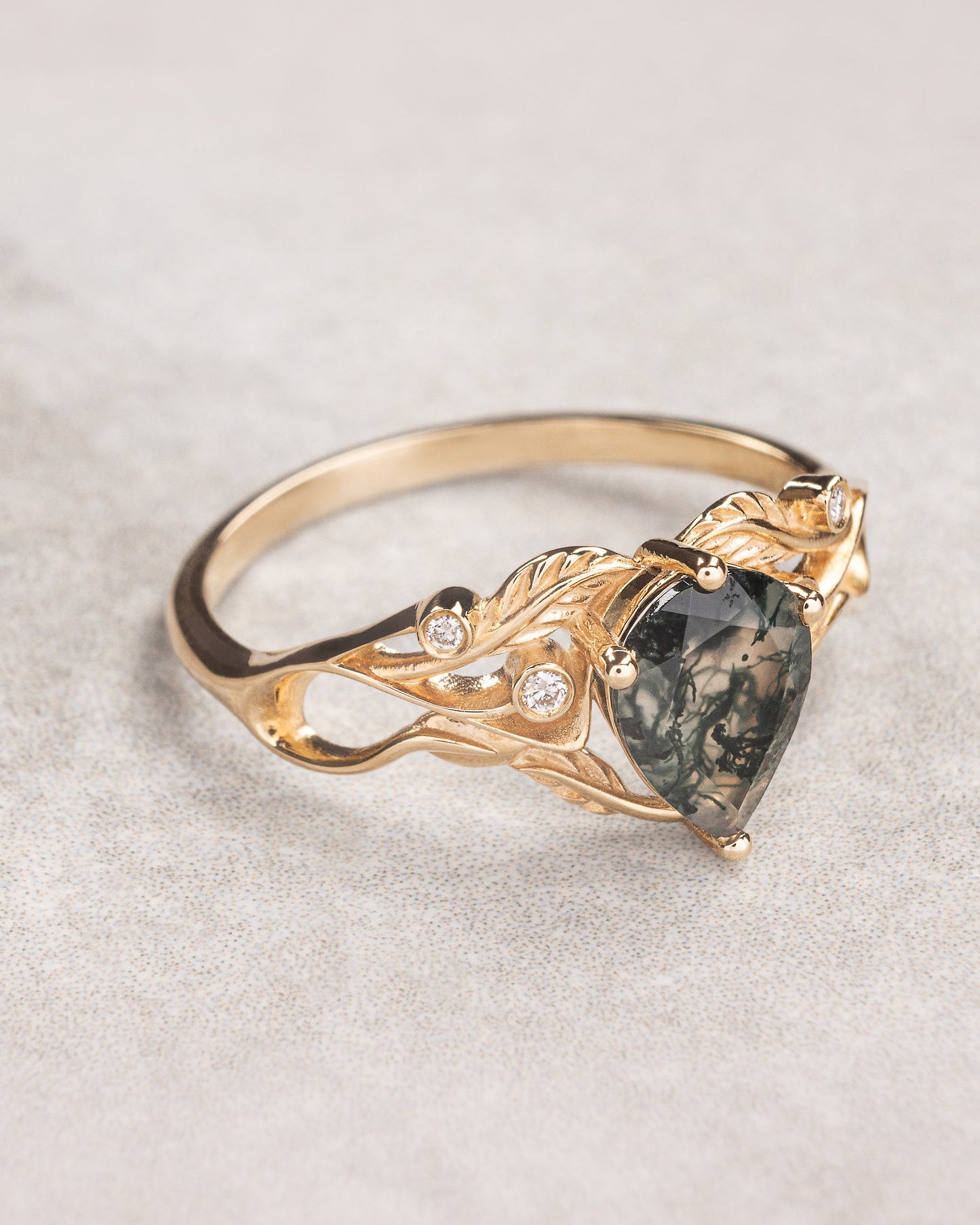 READY TO SHIP Callisto engagement ring in art nouveau style with moss agate, 14K yellow gold, AVAILABLE RING SIZES: 5.5 - 8.5 US