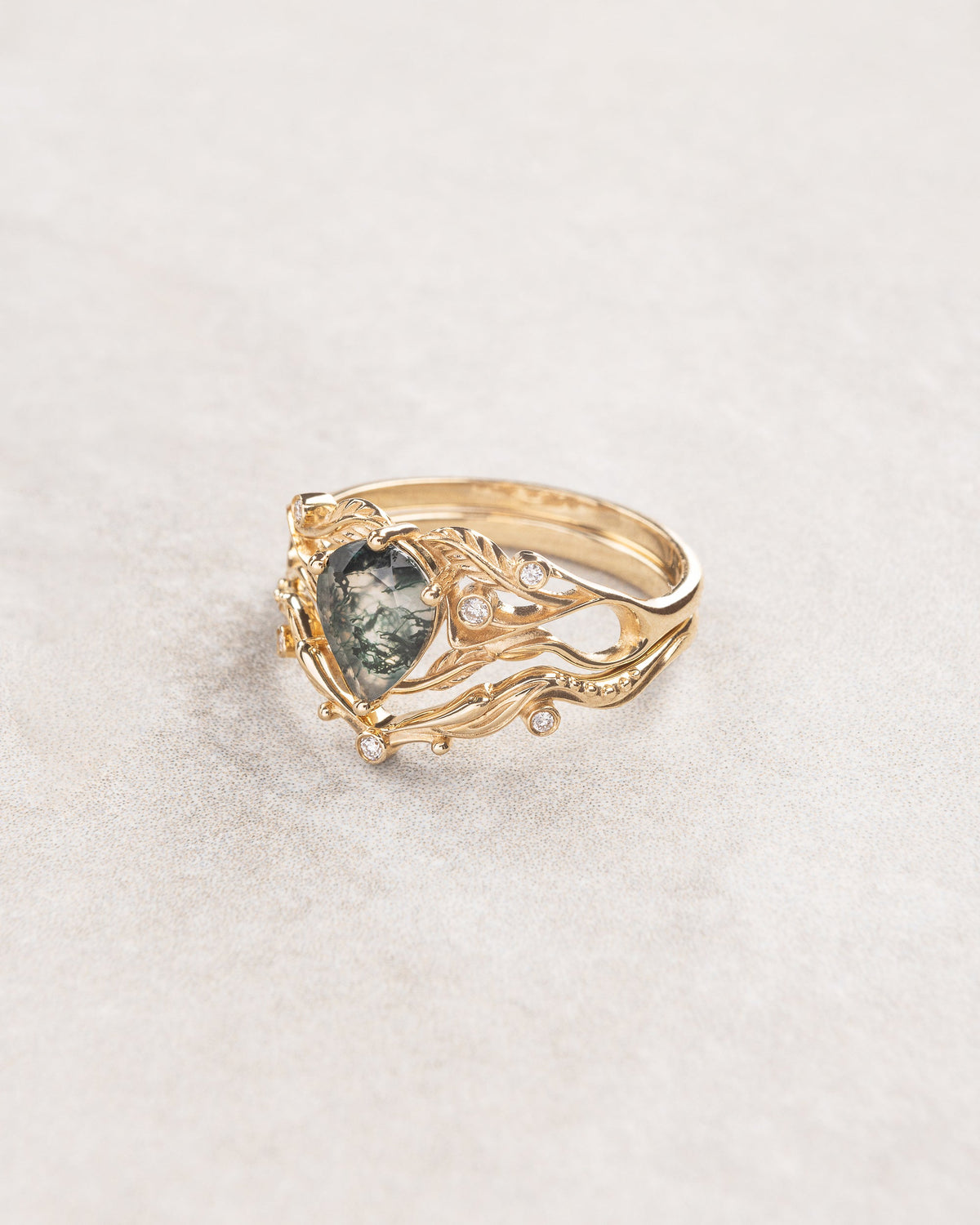 READY TO SHIP Callisto engagement ring in art nouveau style with moss agate, 14K yellow gold, AVAILABLE RING SIZES: 5.5 - 8.5 US