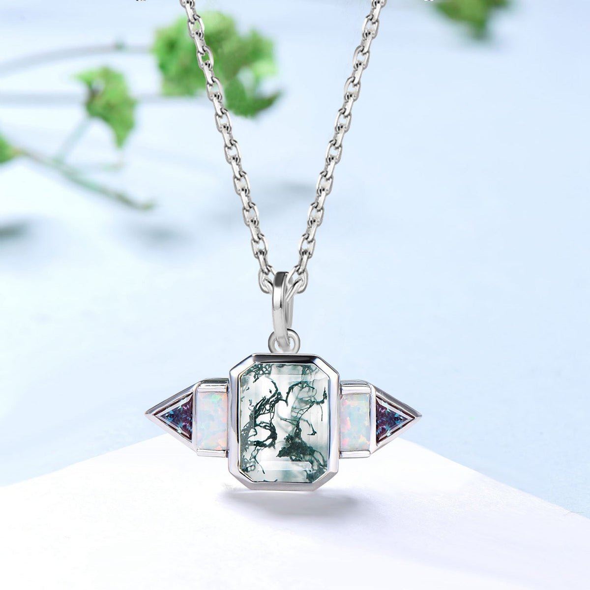 Vintage Emerald Cut Moss Agate Pendant Necklace, Baguette White Opal & Trillion Alexandrite Unique Gift for Her Birthday Anniversary Present
