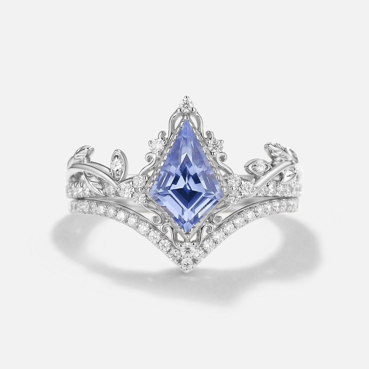 Kite Cut Lab Cornflower Sapphire Engagement Ring Set 2pcs