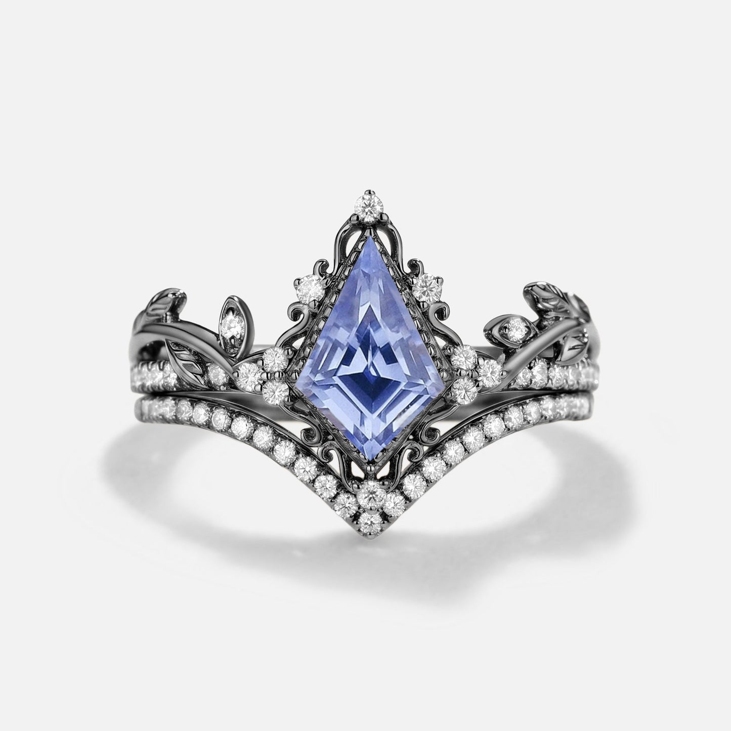 Kite Cut Lab Cornflower Sapphire Engagement Ring Set 2pcs