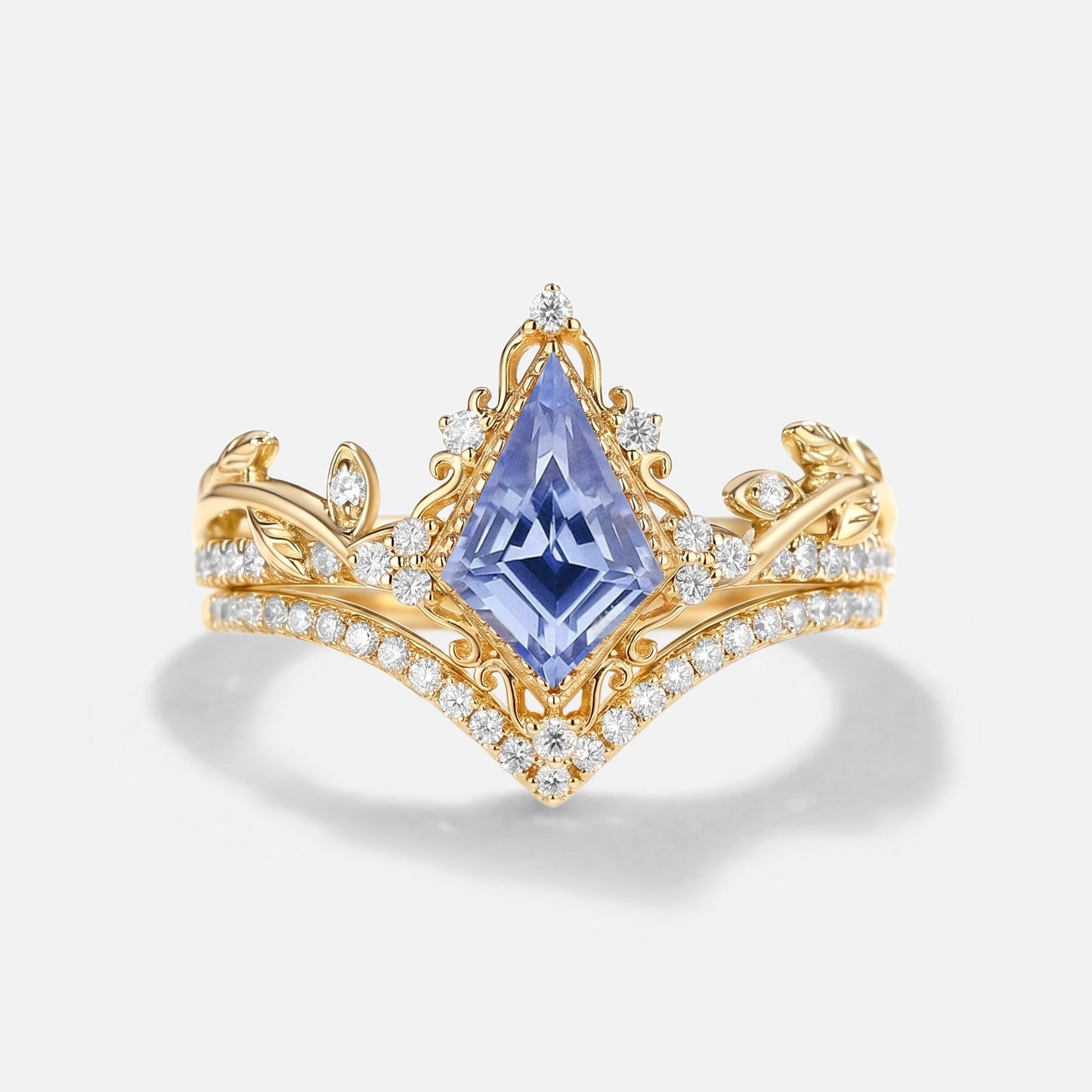 Kite Cut Lab Cornflower Sapphire Engagement Ring Set 2pcs
