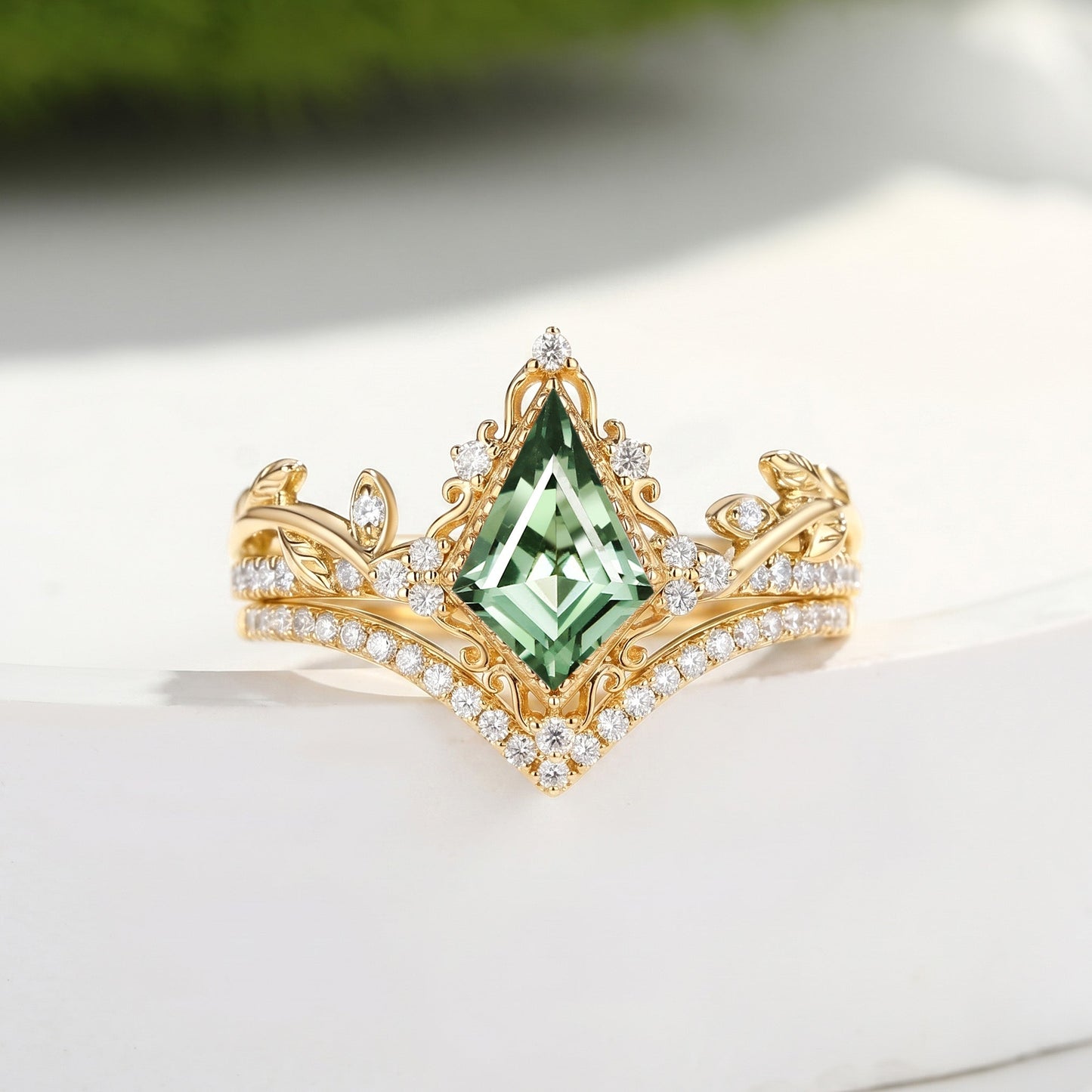 Kite Cut Lab Cornflower Sapphire Engagement Ring Set 2pcs