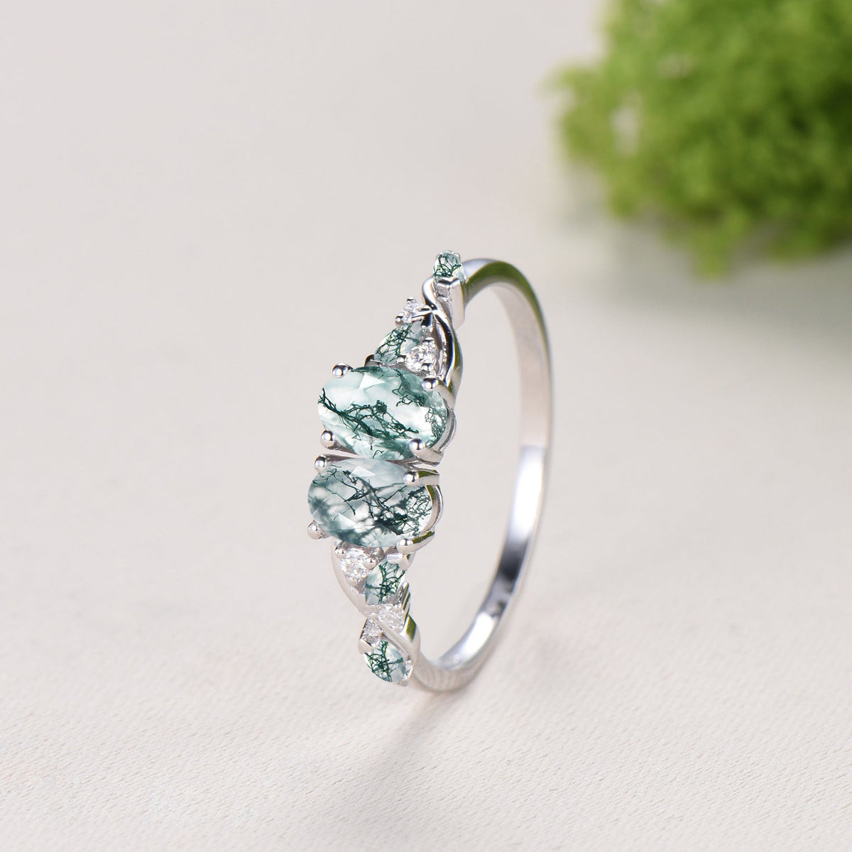 Natural Oval Cut Toi et Moi Moss Agate Engagement Ring | 14K White Gold Marquise Cut Vine Eternity Band