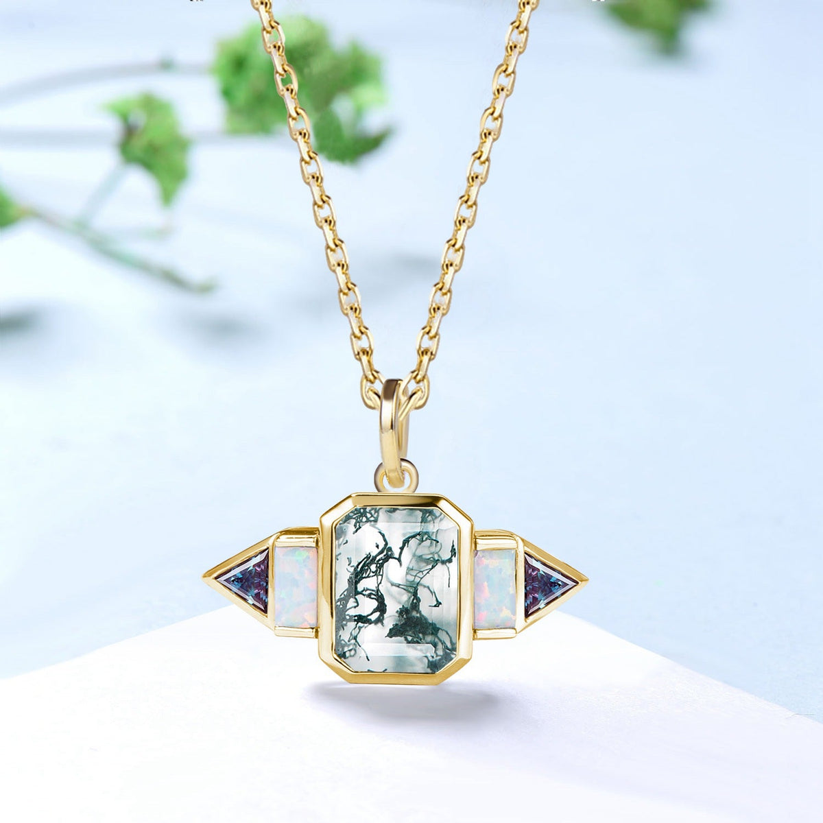 Vintage Emerald Cut Moss Agate Pendant Necklace, Baguette White Opal & Trillion Alexandrite Unique Gift for Her Birthday Anniversary Present