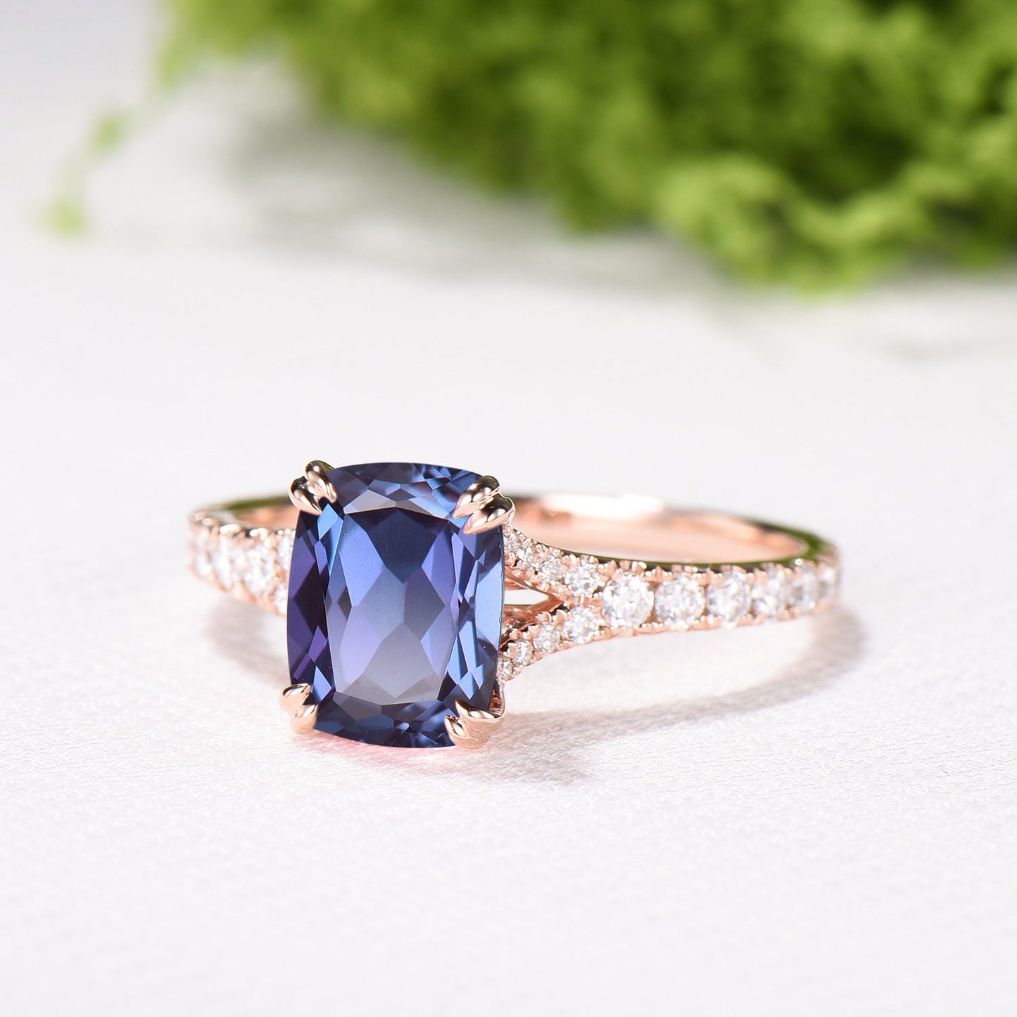 Cushion Cut Alexandrite Ring, Split Shank Pave Diamond, 14K Rose Gold Double Claw Promise Ring