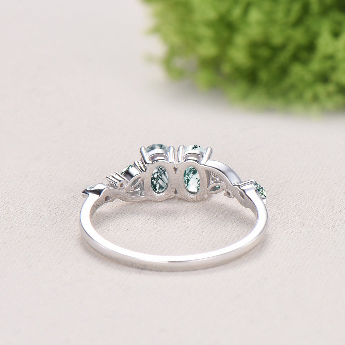 Natural Oval Cut Toi et Moi Moss Agate Engagement Ring | 14K White Gold Marquise Cut Vine Eternity Band