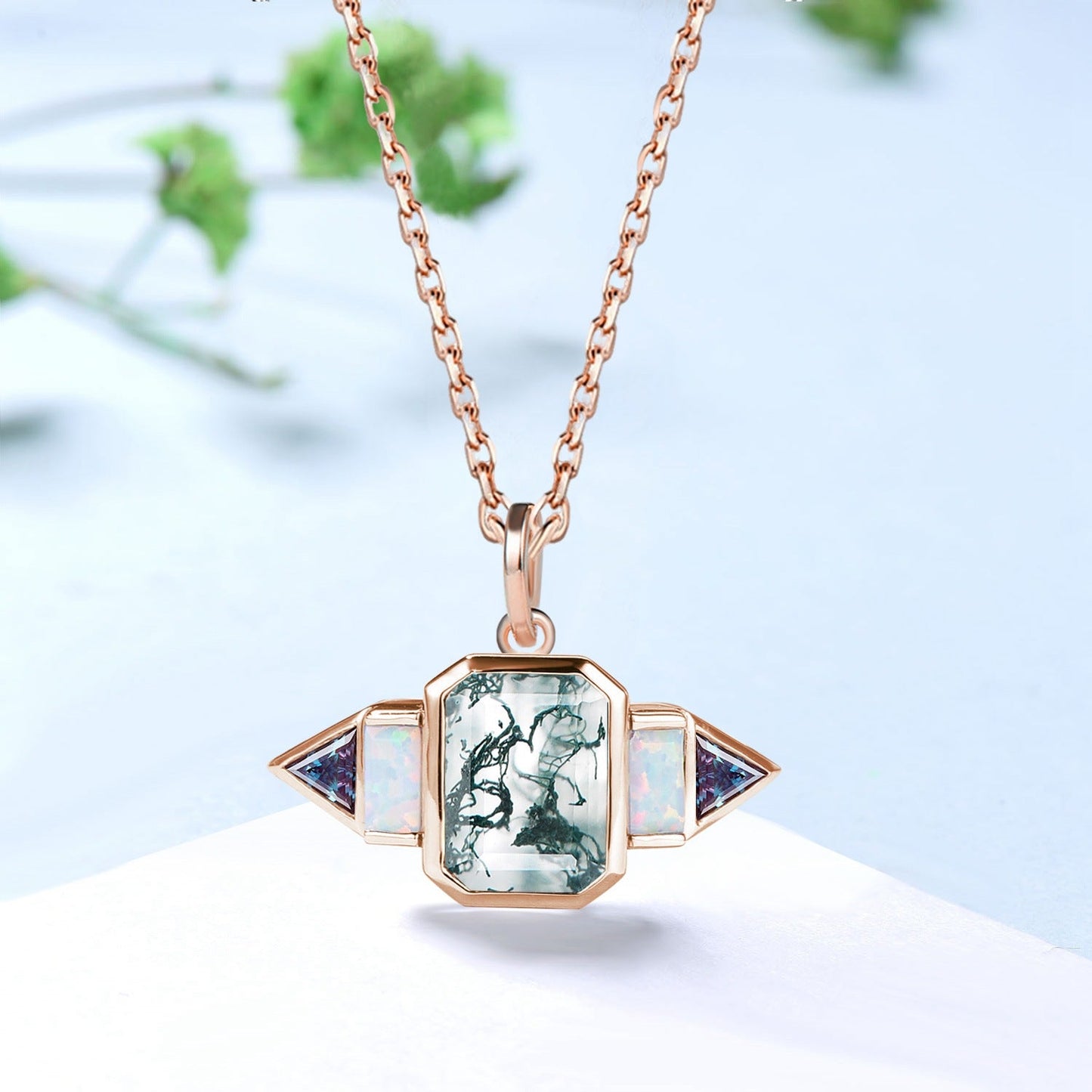 Vintage Emerald Cut Moss Agate Pendant Necklace, Baguette White Opal & Trillion Alexandrite Unique Gift for Her Birthday Anniversary Present