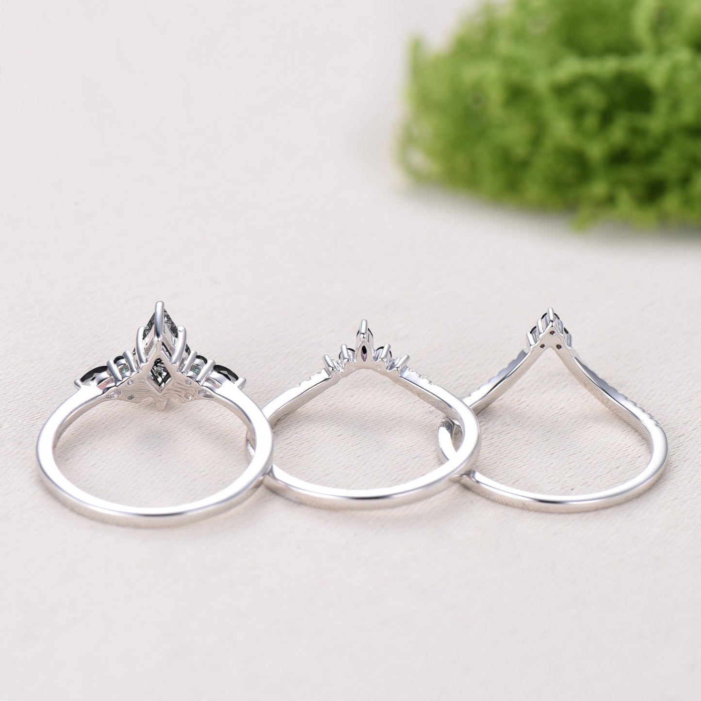 Vintage Kite Cut Black Rutilated Quartz Engagement Ring, 14K White Gold Pear Spinel Wedding Set