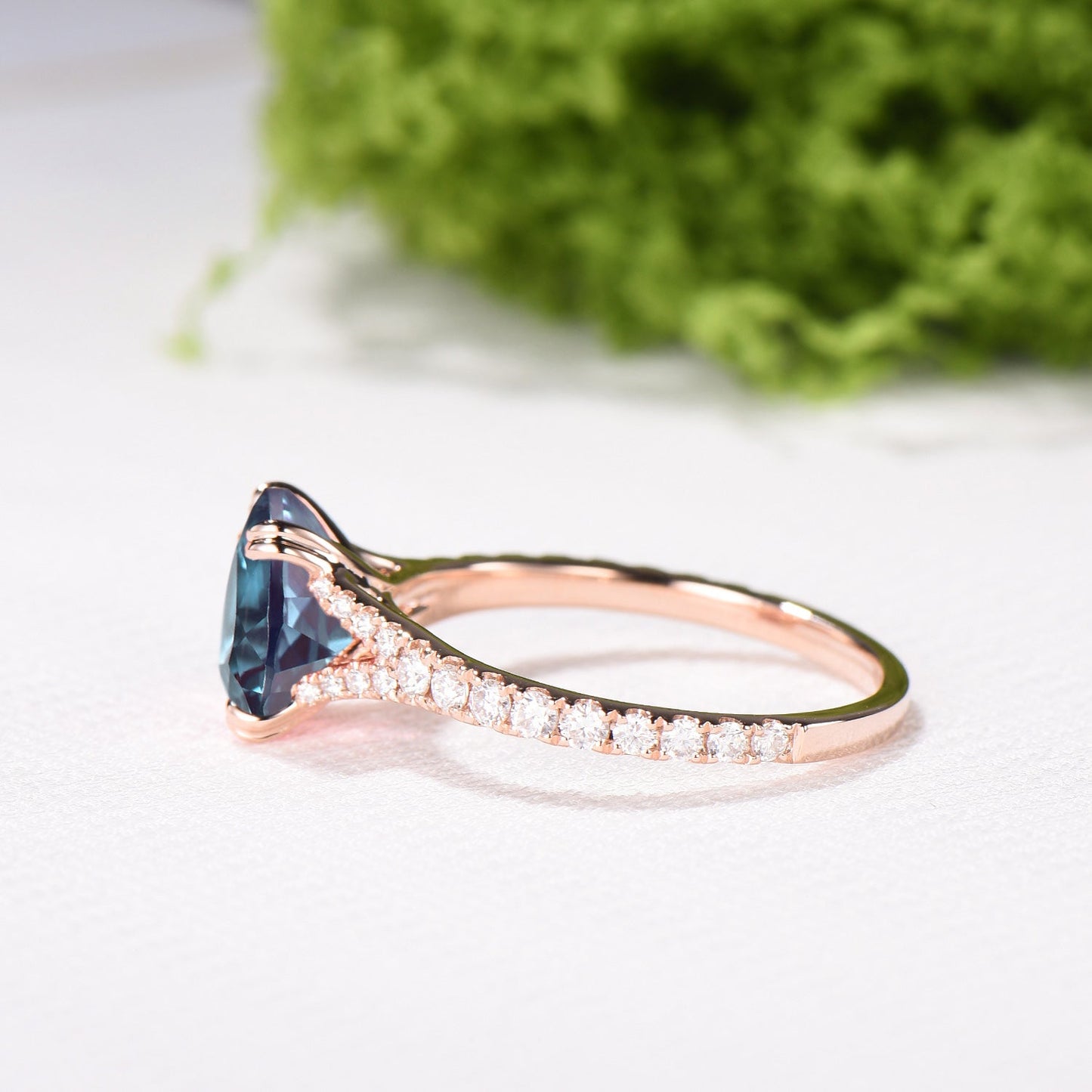 Cushion Cut Alexandrite Ring, Split Shank Pave Diamond, 14K Rose Gold Double Claw Promise Ring