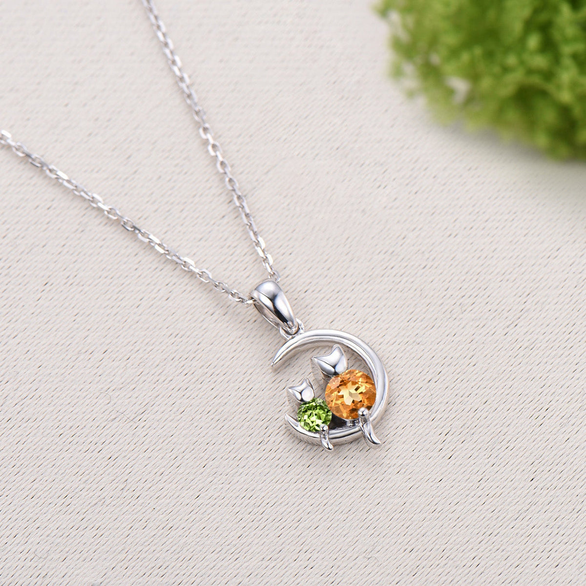 Art Deco cat citrine peridot necklace silver white gold moon family pendant anniversary promise gift for women