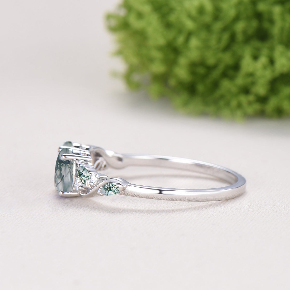 Natural Oval Cut Toi et Moi Moss Agate Engagement Ring | 14K White Gold Marquise Cut Vine Eternity Band