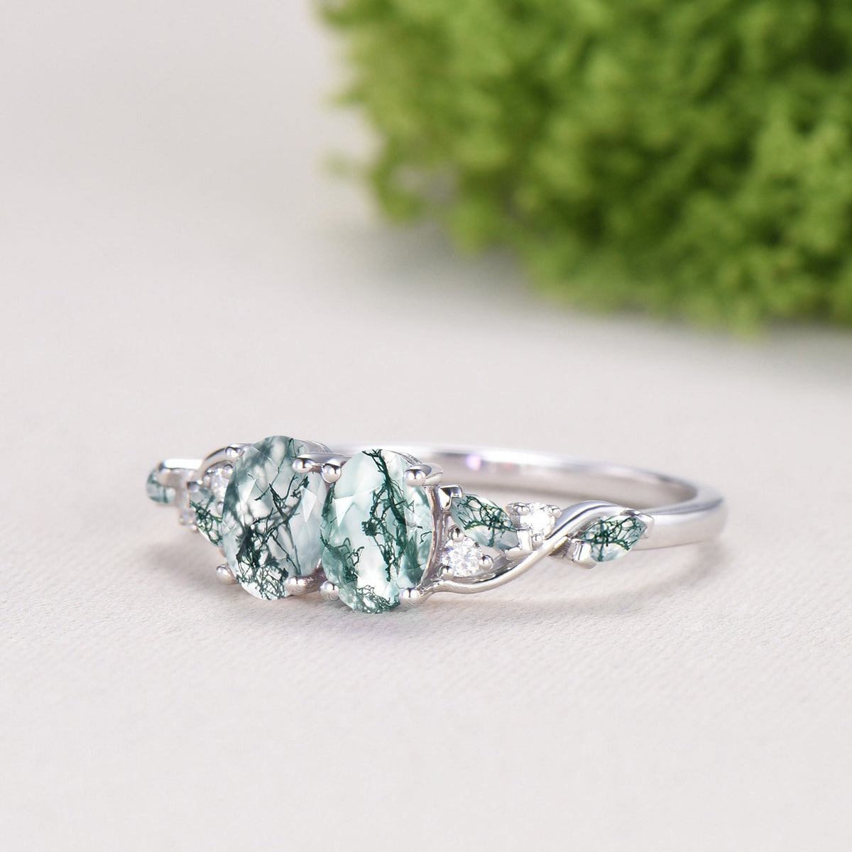 Natural Oval Cut Toi et Moi Moss Agate Engagement Ring | 14K White Gold Marquise Cut Vine Eternity Band