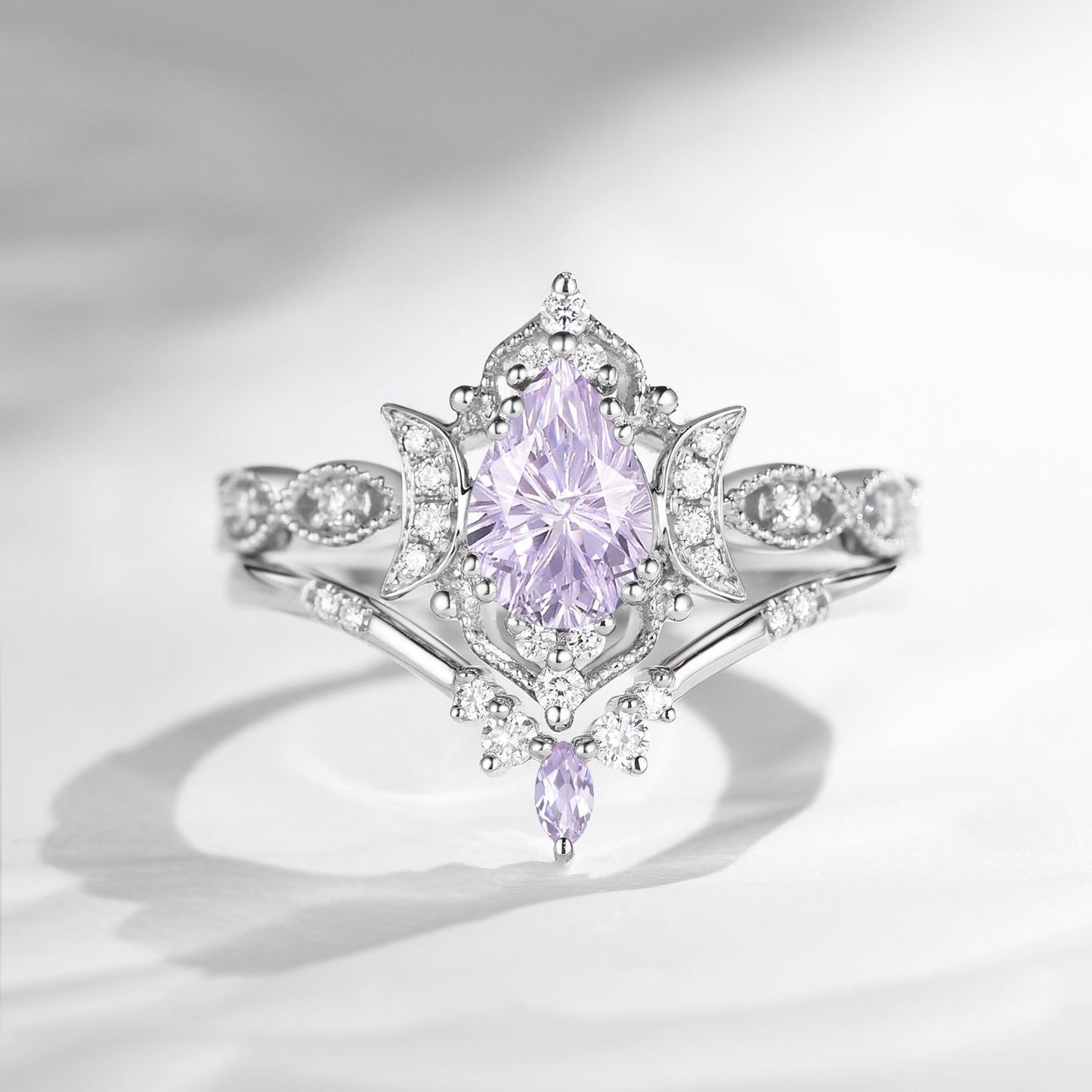 Crescent Moon | Vintage Firework Cut Pear Lab Lavender Sapphire Engagement Ring 2pcs - Luna