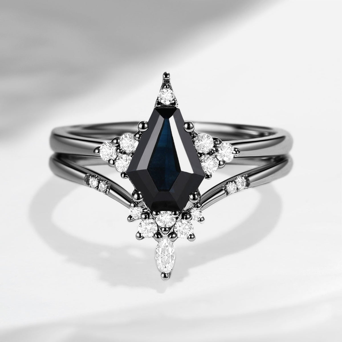 Unique Coffin Natural Black Sapphire Engagement Star Ring Set 2pcs - Coffin Kite