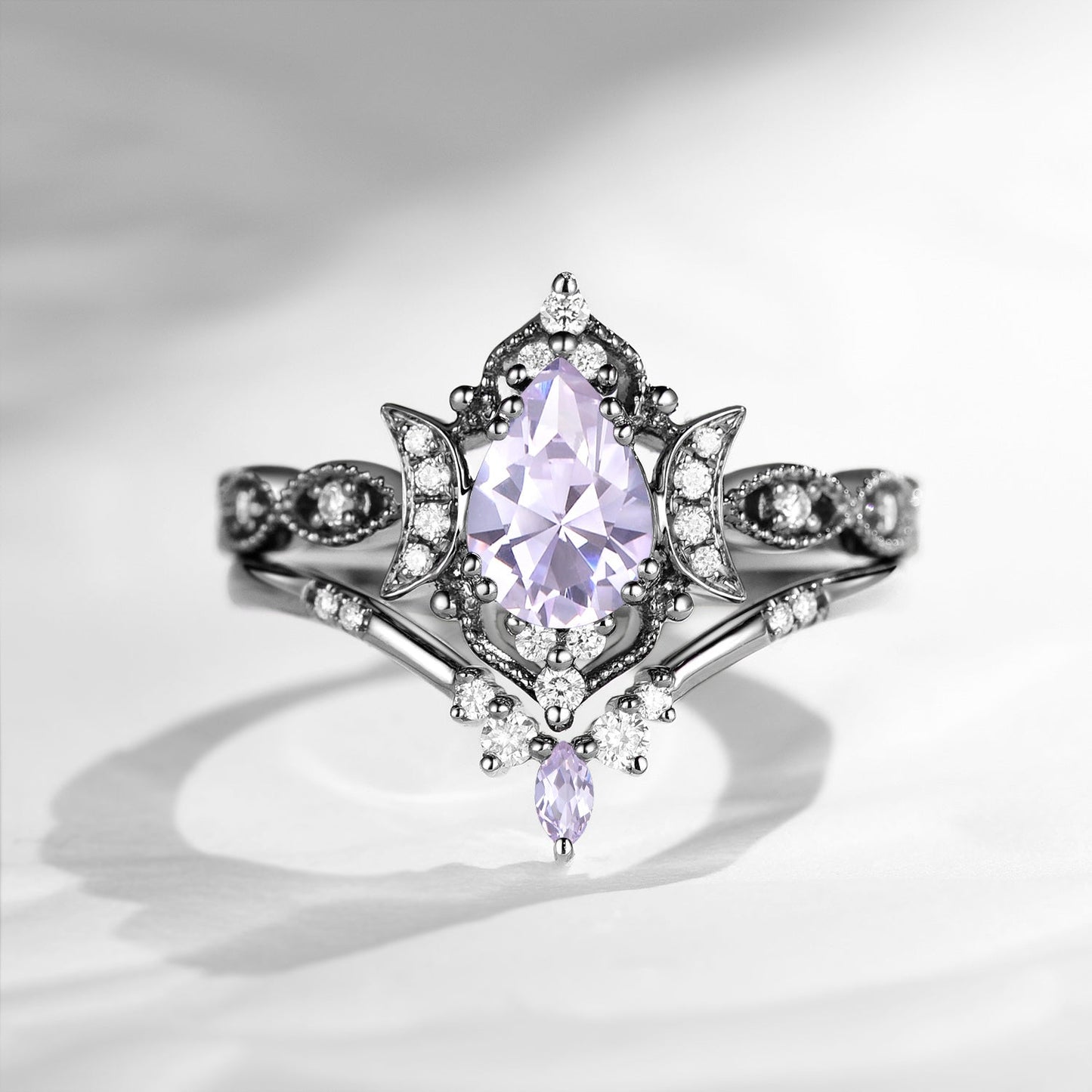 Crescent Moon | Vintage Pear Cut Lab Lavender Sapphire Engagement Ring 2pcs - Luna