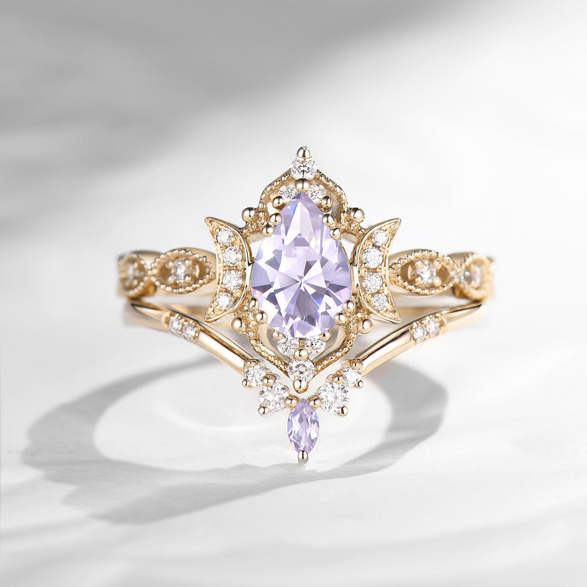 Crescent Moon | Vintage Pear Cut Lab Lavender Sapphire Engagement Ring 2pcs - Luna