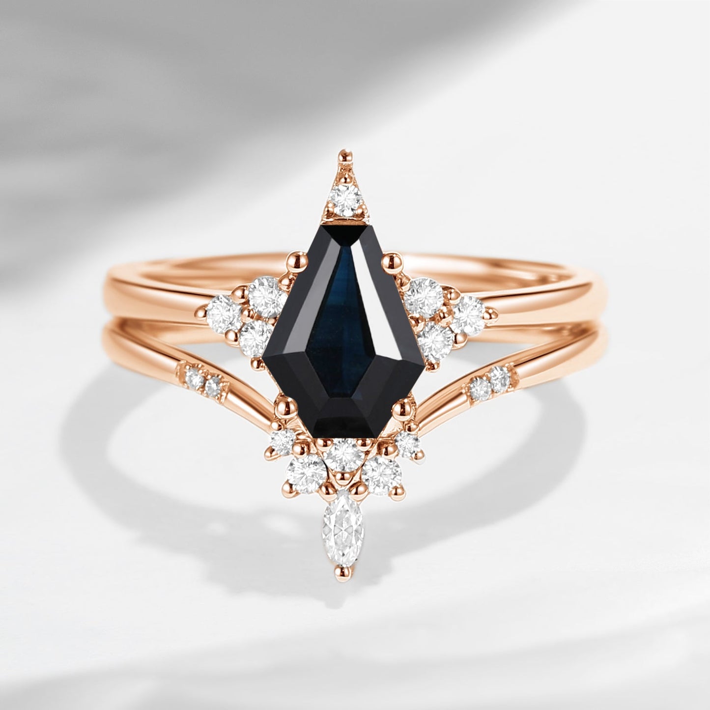 Unique Coffin Natural Black Sapphire Engagement Star Ring Set 2pcs - Coffin Kite