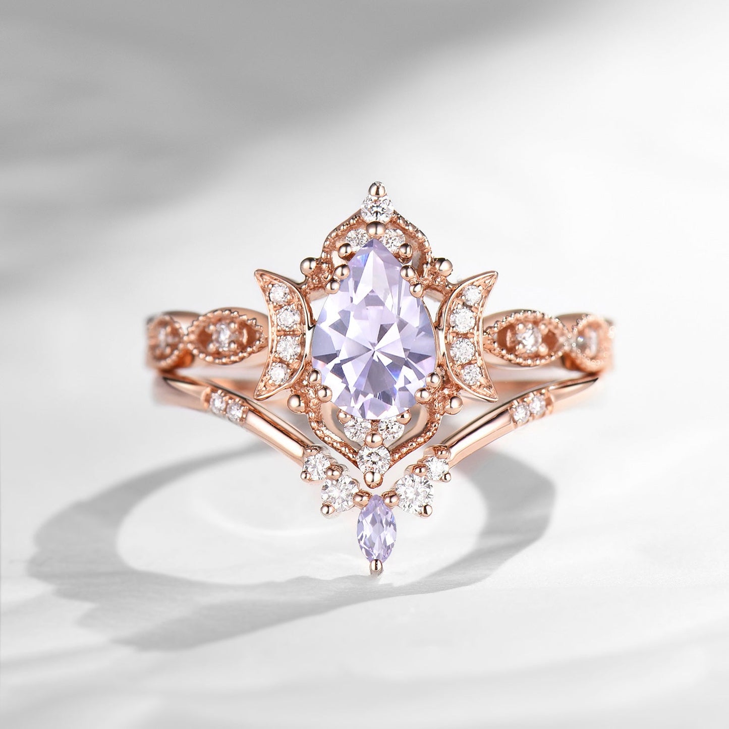 Crescent Moon | Vintage Pear Cut Lab Lavender Sapphire Engagement Ring 2pcs - Luna