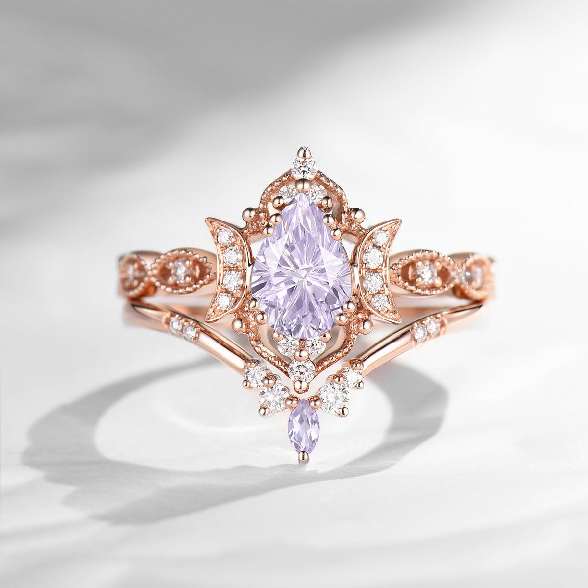 Crescent Moon | Vintage Firework Cut Pear Lab Lavender Sapphire Engagement Ring 2pcs - Luna