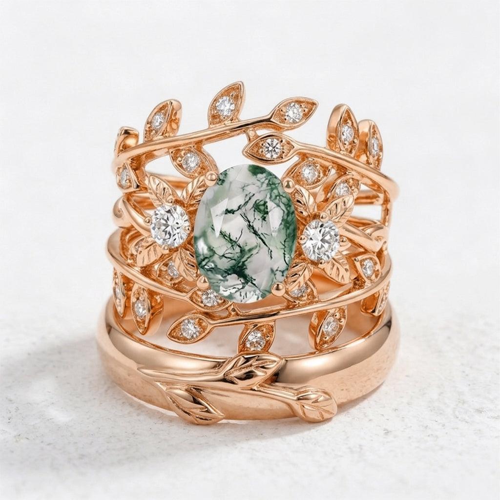 Léonie Oval Cut Moss Agate Leafy Gold Couple Ring Set