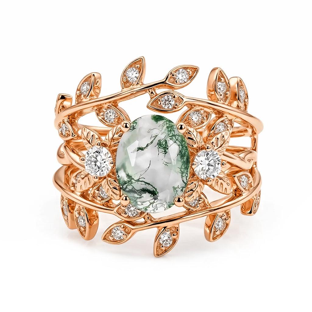 Léonie Oval Cut Moss Agate Leafy Gold Couple Ring Set
