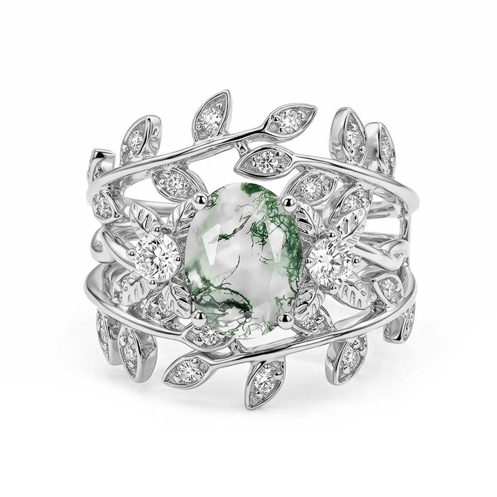 Léonie Oval Cut Moss Agate Leafy Gold Couple Ring Set