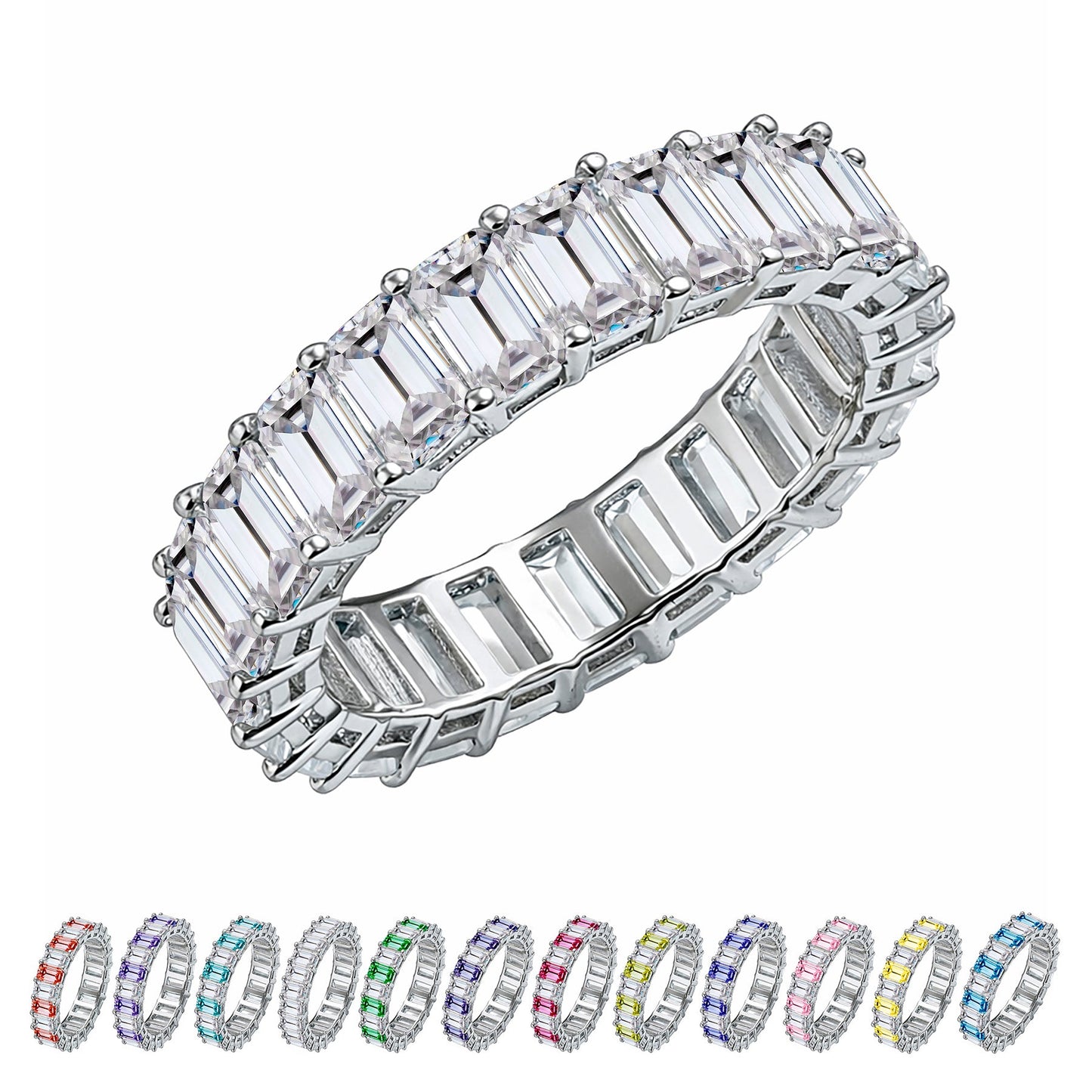 10 Carat Emerald Cut Birthstone - Multicolor Eternity Wedding Band