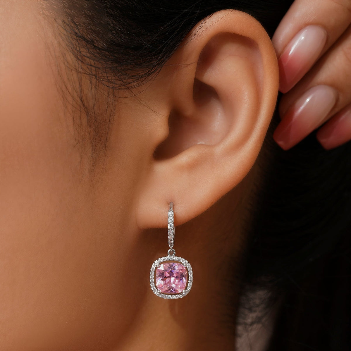 Romantic Pink Cushion Drop Hoop Earrings – Elegant Dangle Jewelry